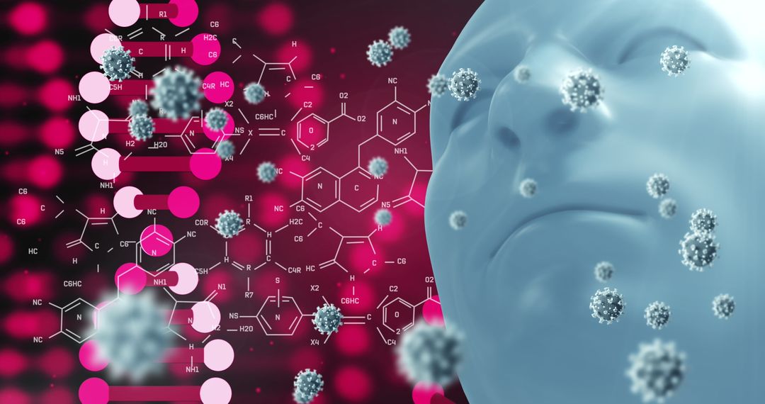 Virus Cells Float Over Digital Human Face with Scientific Background