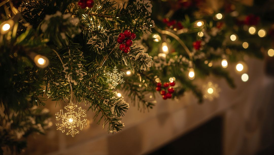 Cozy Frosted Evergreen Garland with Warm Lights and Snowflake Ornaments on Mantel