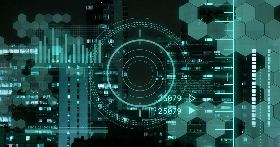 Futuristic Digital Data Processing with Urban Backdrop