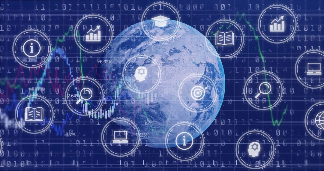 3D Rotating Earth Globe with Tech and Data Icons