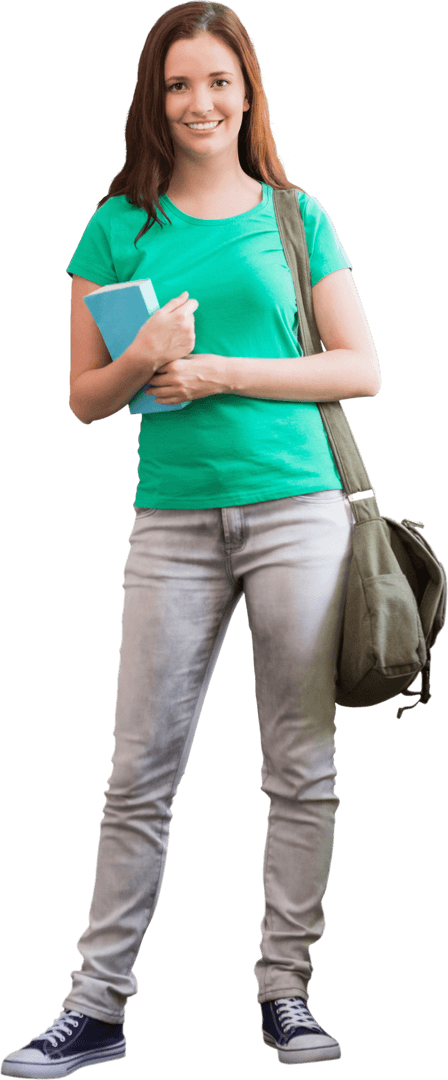 Smiling Student in Green T-Shirt Holding Book on Transparent Background