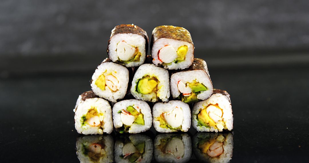 Assorted Sushi Rolls with Avocado and Crab Meat Displayed Elegantly