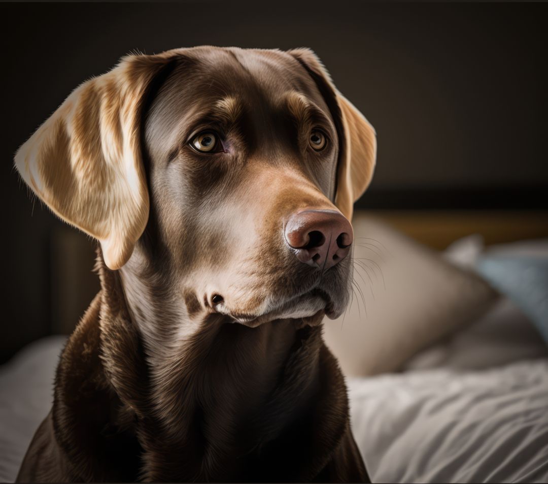 Chocolate Labrador Resting on Bed - Free Images, Stock Photos and Pictures on Pikwizard.com