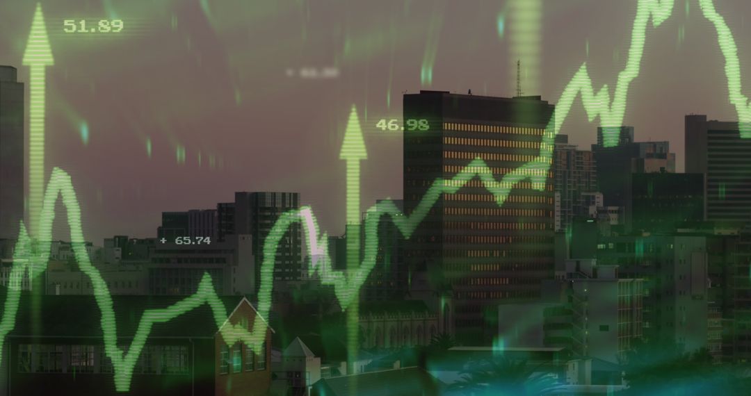 Rising Digital Graph Overlay on City Skyline at Dusk