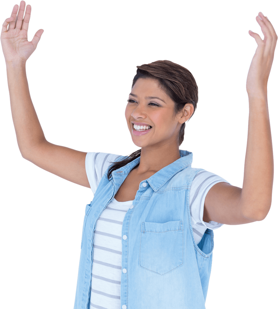 Smiling Woman with Raised Hands Celebrating Rejoicing on Transparent Background