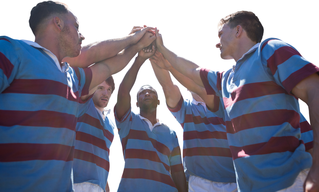 Team of Diverse Male Rugby Players Cheering with Hands In, Transparent Background - Download Free Stock Images Pikwizard.com