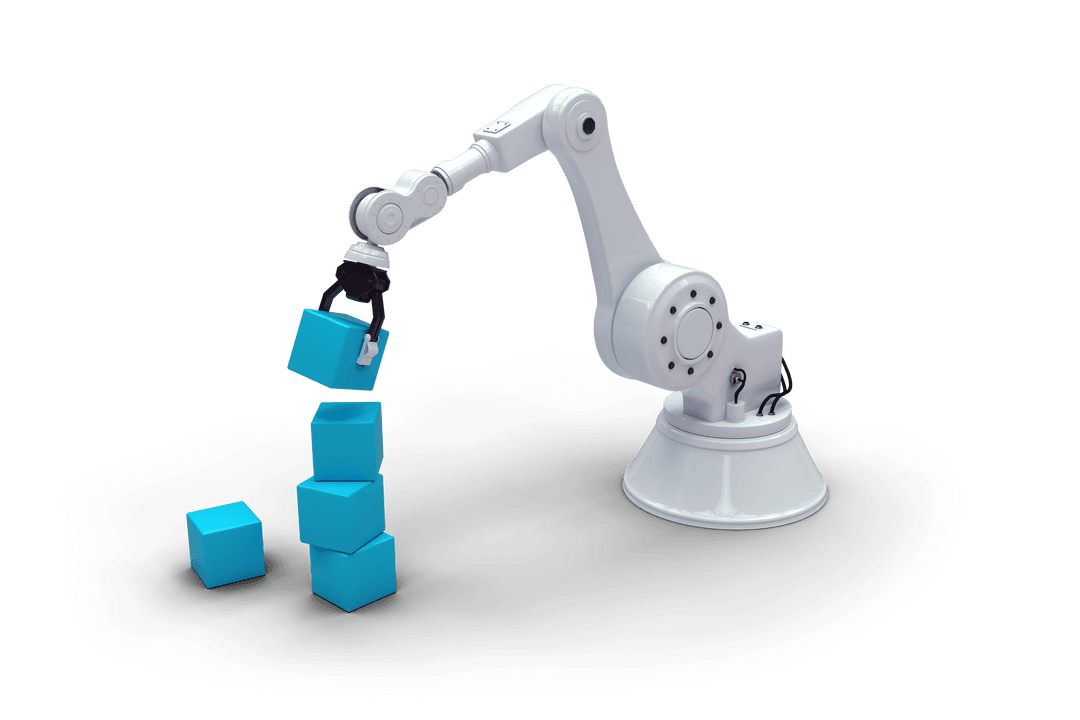 Transparent Robotic Arm Arranging Blue Boxes