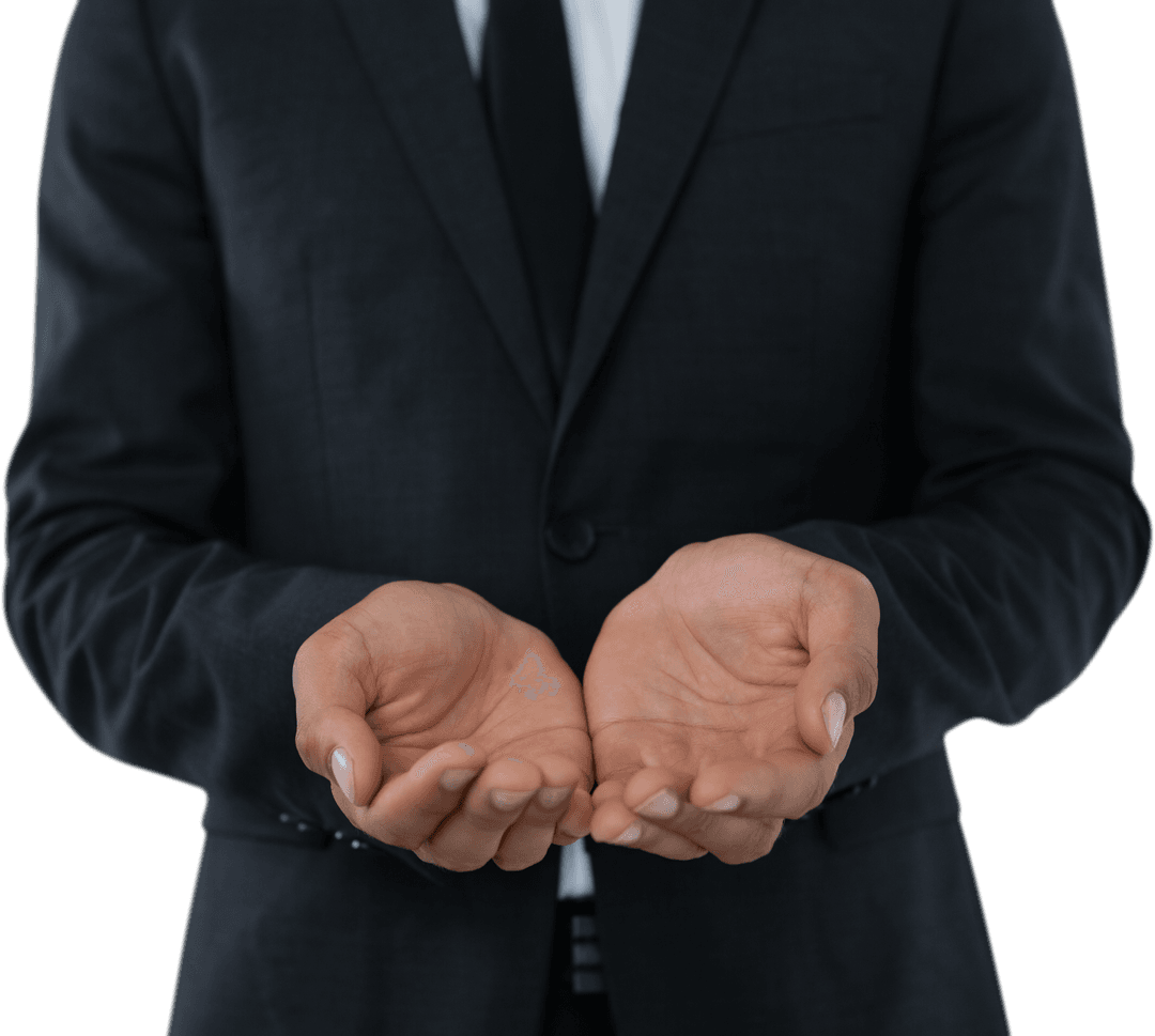 Businessman in Suit with Cupped Hands Transparent Background