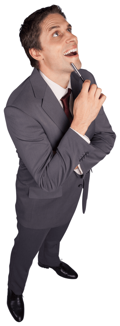 Cheerful Businessman Turns towards Virtual Horizon on Transparent Background