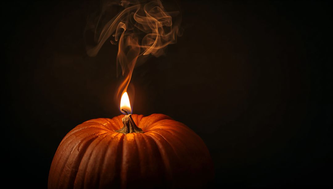 Flame and Smoke on Pumpkin in Dramatic Low Light