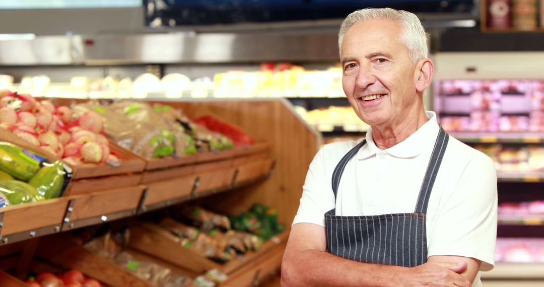 Smiling Senior Male Grocery Store Worker in Front of Produce Section - Free Images, Stock Photos and Pictures on Pikwizard.com