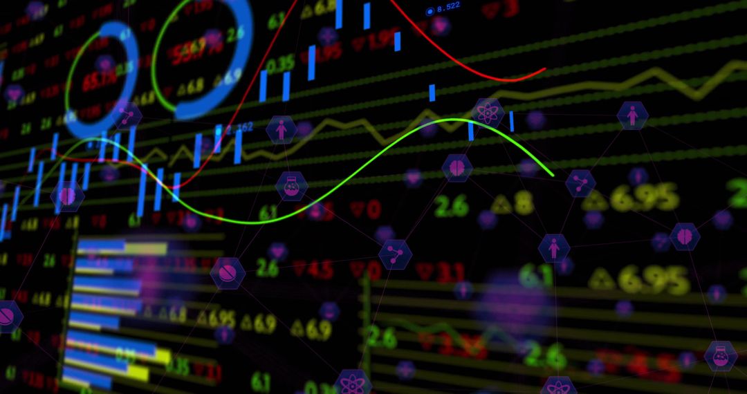 Futuristic Neon Trading Dashboard Visualizing Candlestick, Line Charts and Network Analytics