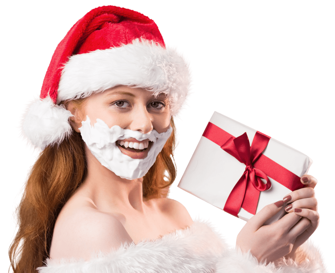 Festive Redhead with Foam Beard Holds Gift Box