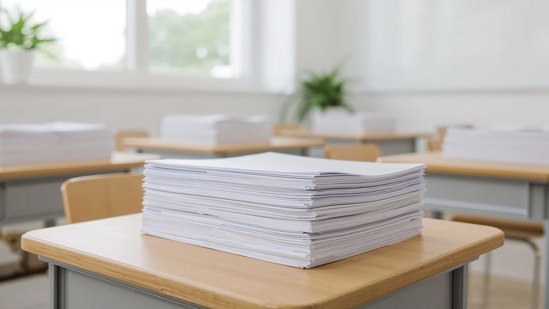 Stack of Papers on Desk in Classroom with Natural Light