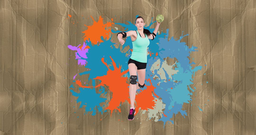 Female Handball Player in Dynamic Pose with Colorful Background