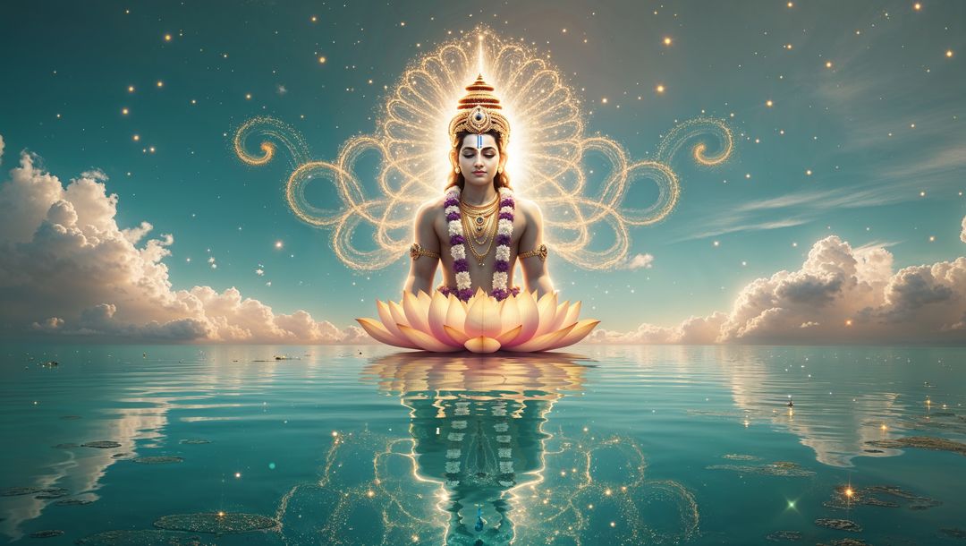 Serene krishna meditating on lotus with radiant aura at twilight