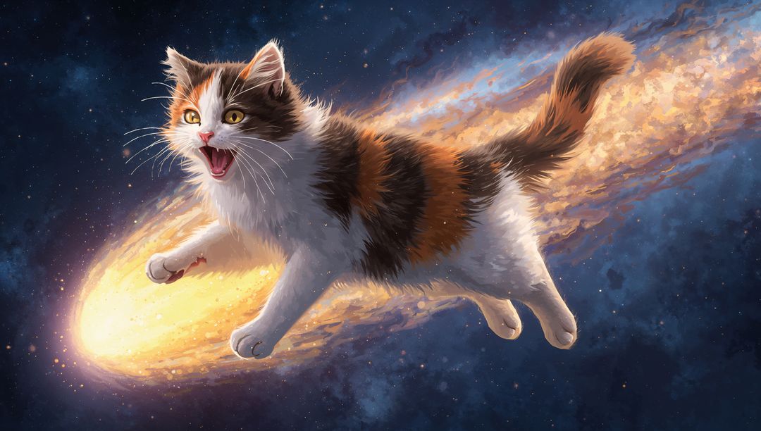 Soaring calico cat riding flaming comet through starfield with glowing cosmic trail