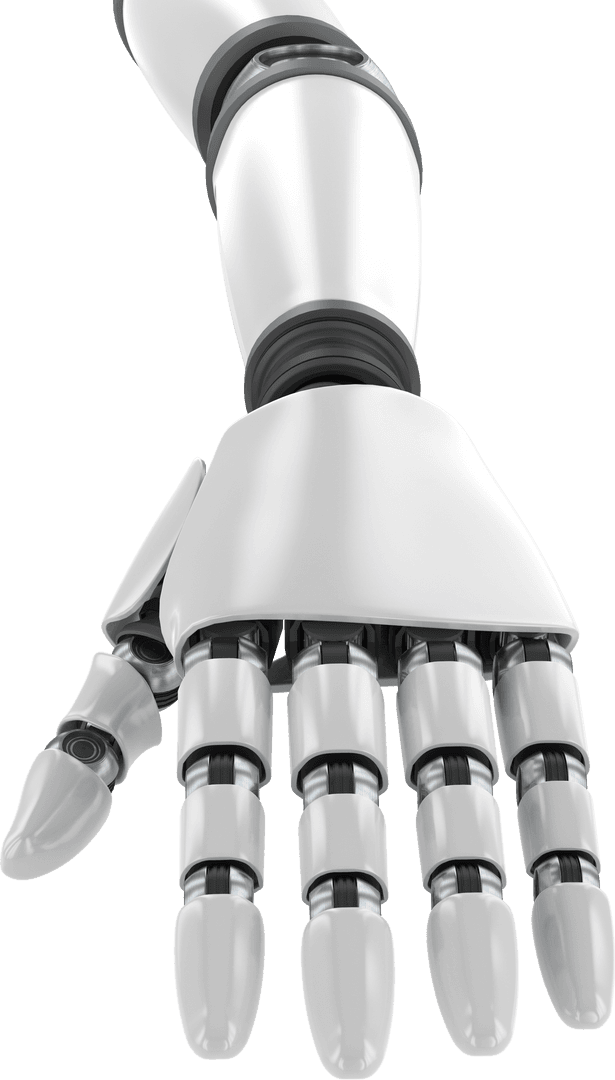 Close-Up of Futuristic Silver Robotic Arm on Transparent Background