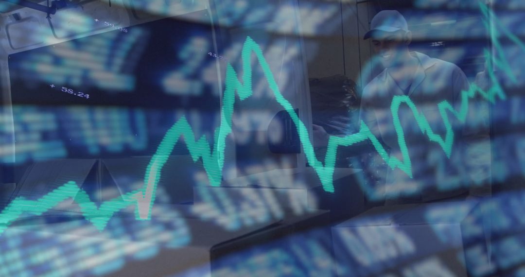 Warehouse Worker Operating Amidst Financial Data Overlay