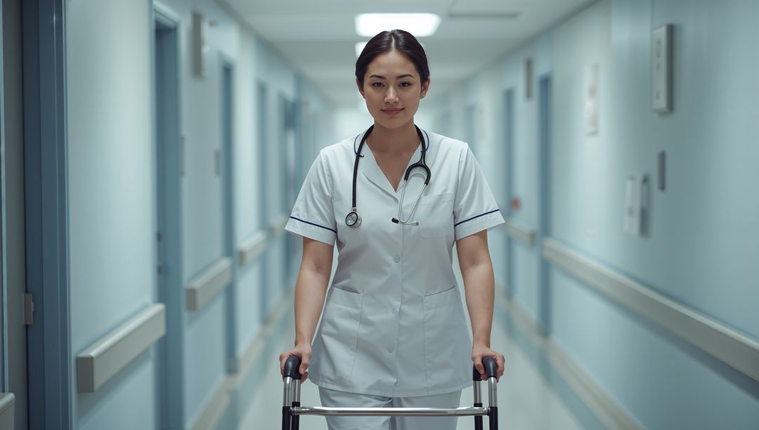 Nurse with Walker Navigating Hospital Corridor with Determination