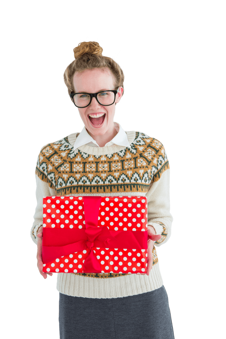 Excited Retro Hipster Holding Colorful Gift with Transparent Background