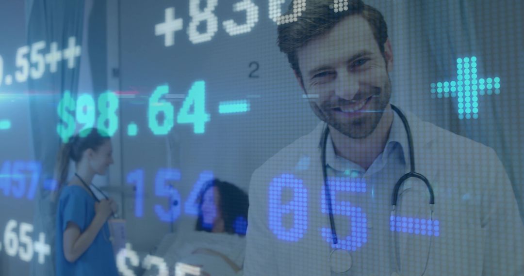 Smiling physician and nurse at bedside with digital healthcare data overlays and teamwork