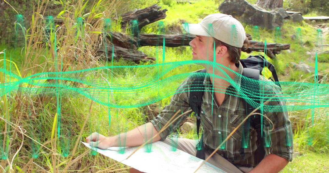 Hiker Reading Map During Explorative Journey in Vibrant Meadow