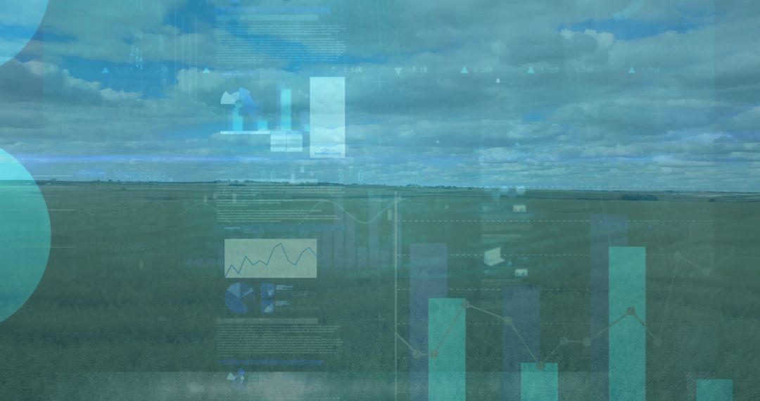 Digital Infographics Overlay on Expansive Grassland Terrain