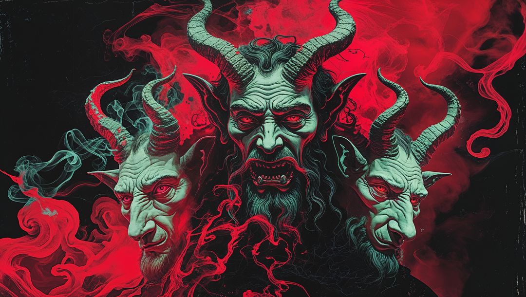 Tri-headed demon erupting with colorful hell smoke