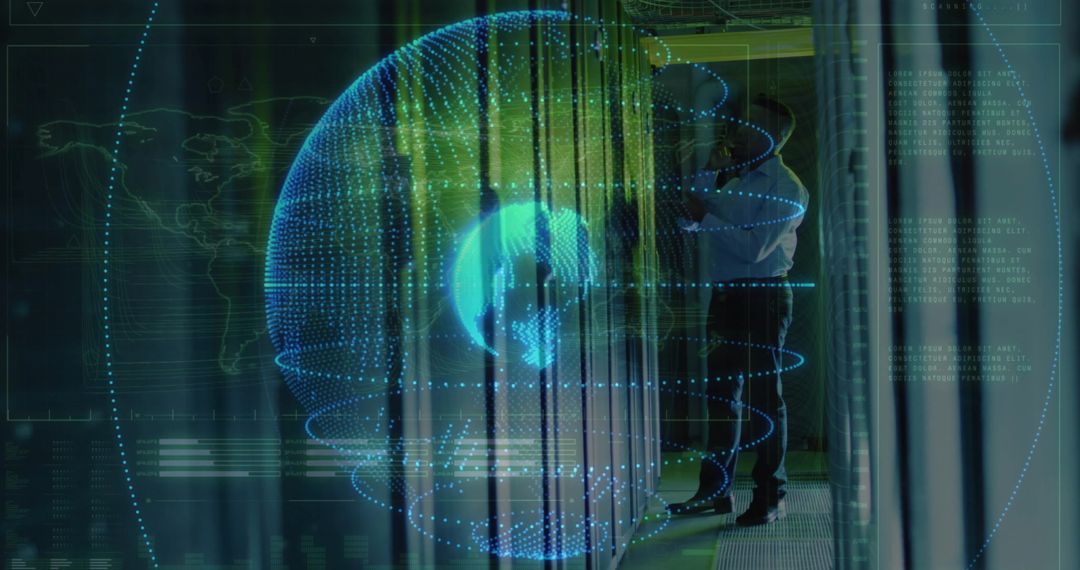 Technician inspecting server racks with holographic globe visualization in datacenter corridor