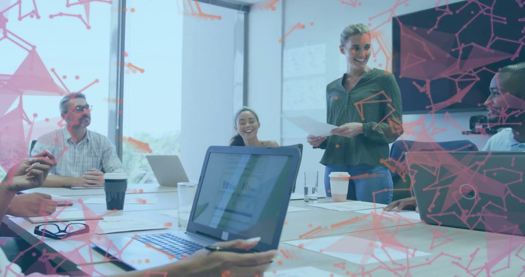 Diverse Team Collaborating in Modern Office with Digital Network Overlay