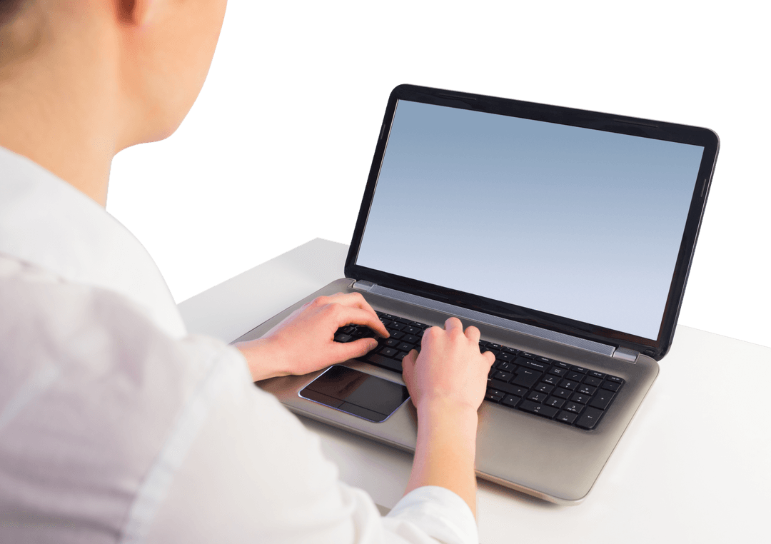 Businesswoman Utilizing Laptop in Modern Office with Transparent Background