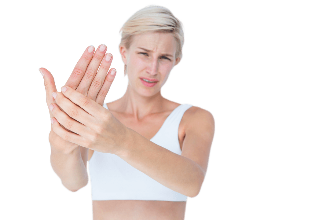 Woman Expressing Hand Pain on Transparent Background
