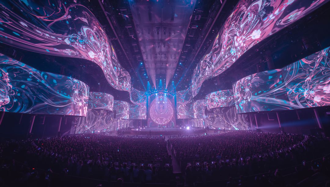 Dynamic LED Stage Light Effects in Concert Arena with Viewing Audience