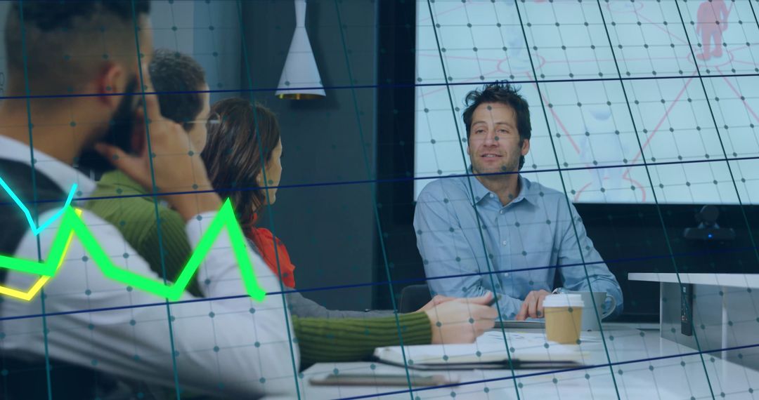 Business Meeting with Data Overlay and Engaging Discussion