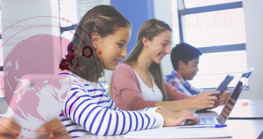 Students Engaging in Digital Learning with Data Analytics Overlay