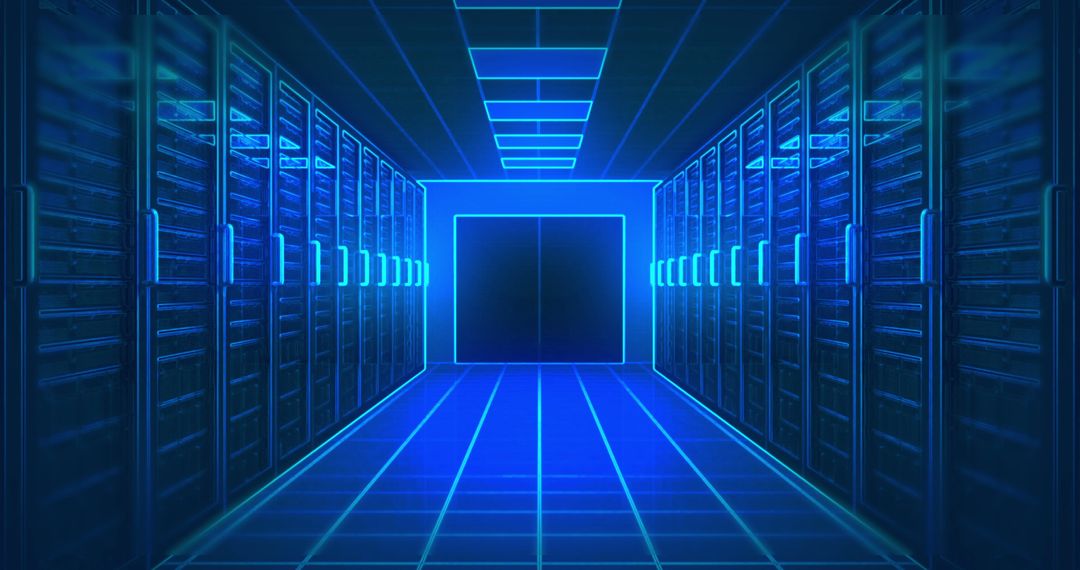 Futuristic Neon Lit Server Room with Endless Rows of Servers