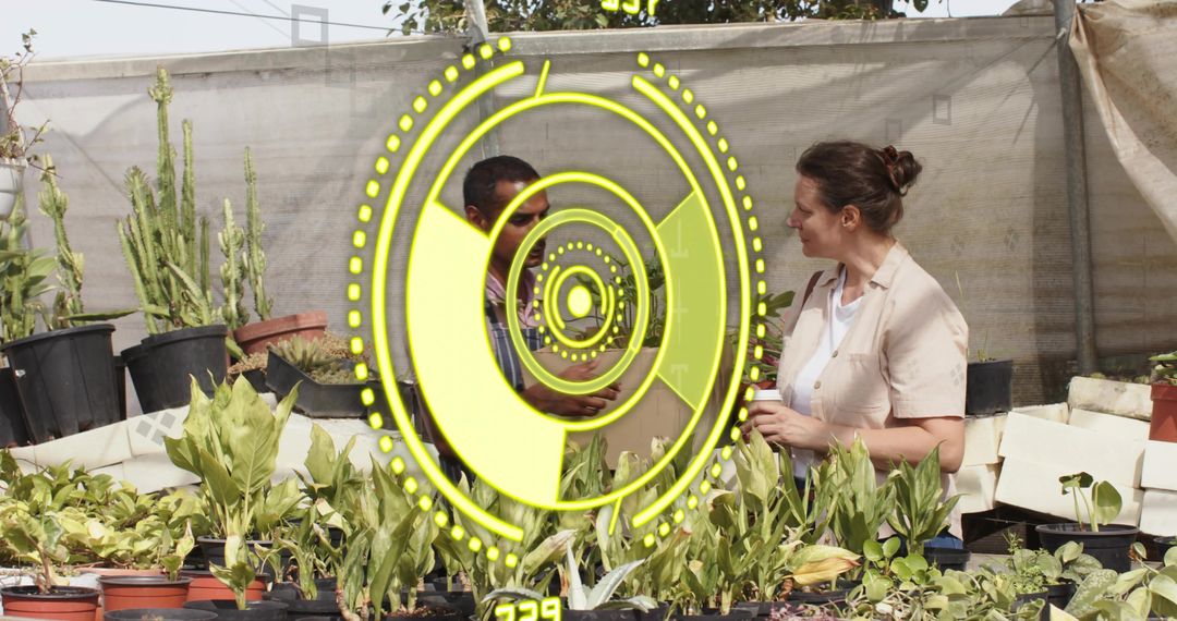 Gardening Enthusiasts Discussing Plants with Futuristic Overlay