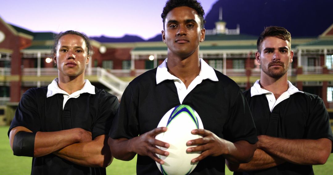 Confident Rugby Players Holding Ball on Field at Sunset - Free Images, Stock Photos and Pictures on Pikwizard.com