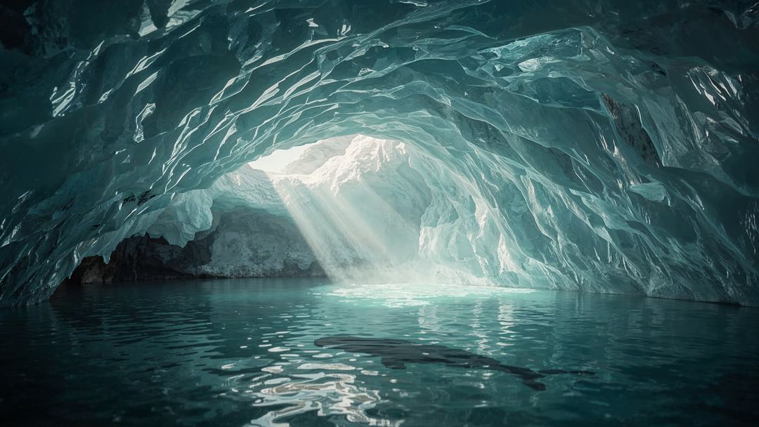 Sunlight Streams Illuminating Tranquil Arctic Ice Cave
