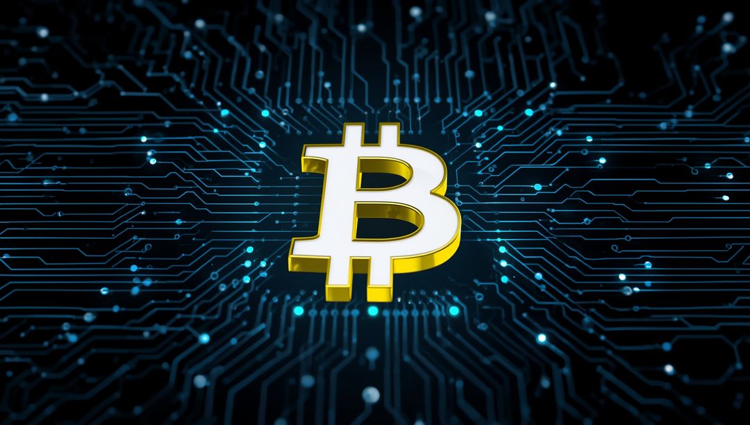 3D Bitcoin Symbol Hovering Over Digital Circuit