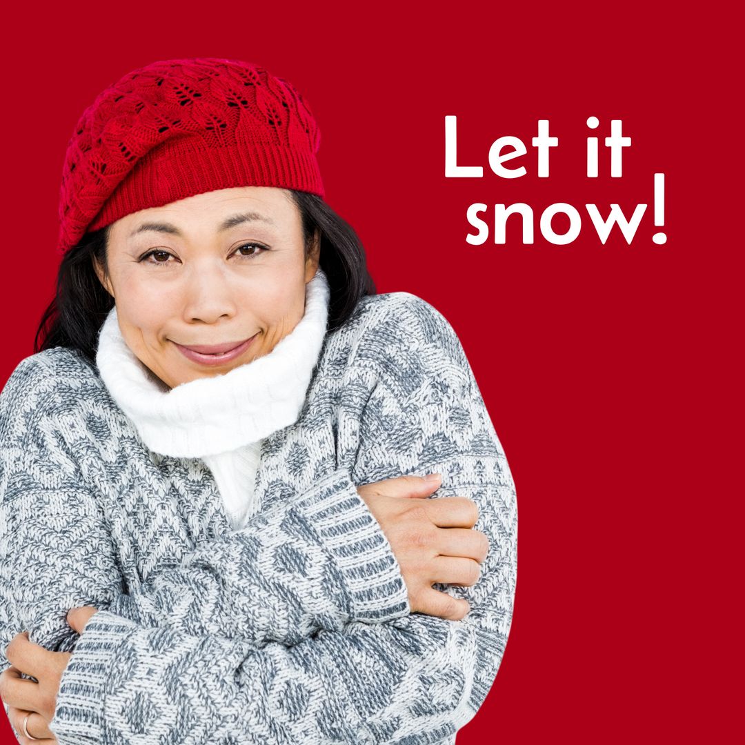 Smiling Woman in Winter Attire with Festive Christmas Greeting