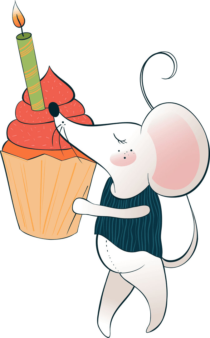 Charming Cartoon Mouse Holding Festive Cupcake Transparent Background