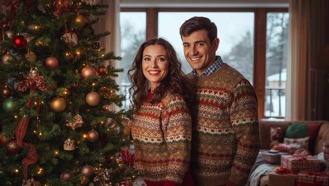 Couple in Matching Holiday Sweaters by Christmas Tree