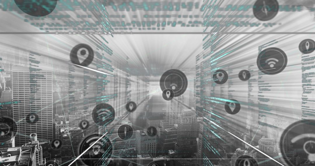 Digital Data Networks Superimposed on Urban Cityscape