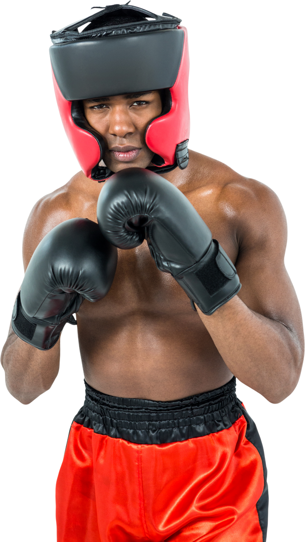 Young Boxer in Red Shorts and Headgear in Boxing Stance on Transparent Background - Download Free Stock Images Pikwizard.com