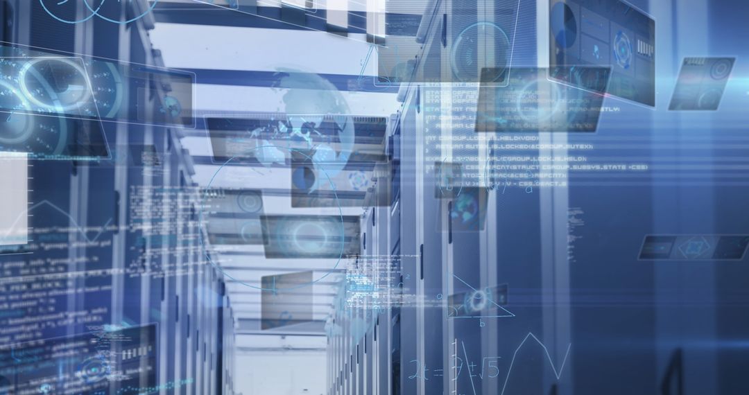 Data Center Corridor with Holographic Interfaces and Server Racks