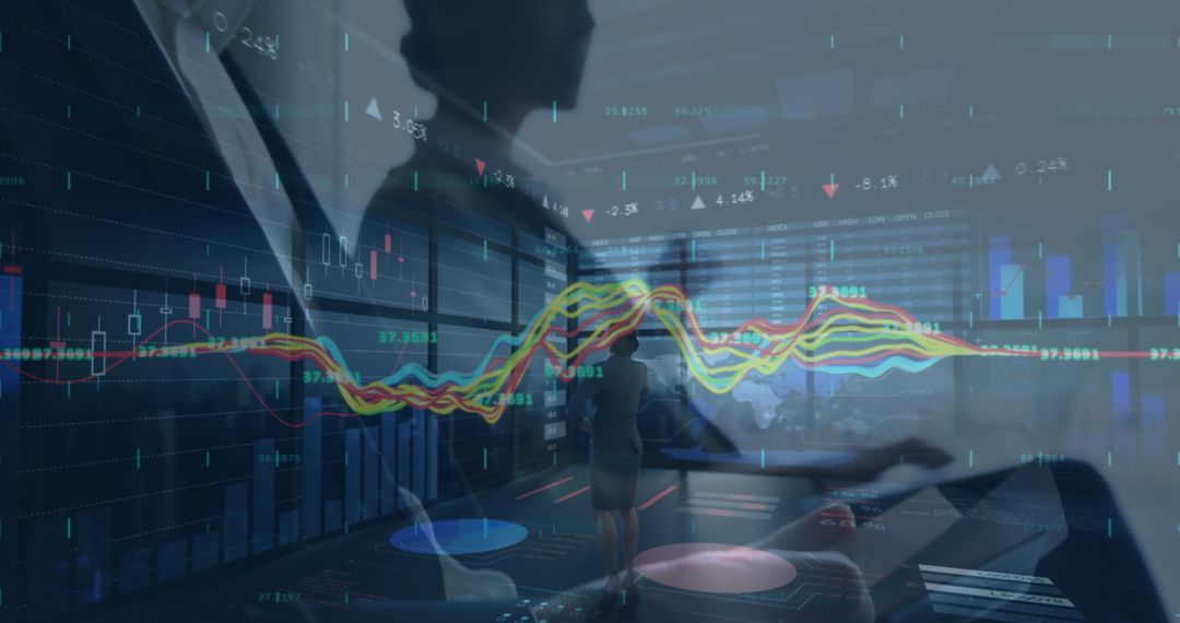 Financial Data Interface and Business Professionals Collaborating in Modern Office