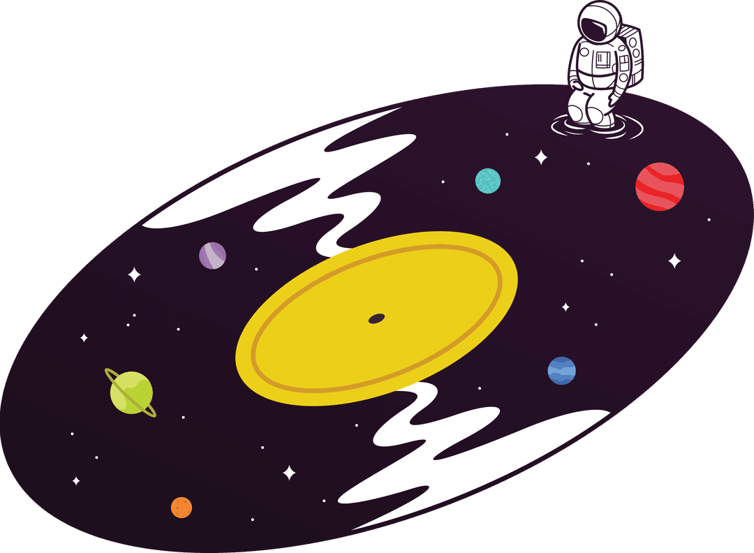 Space-Themed Vinyl Record Illustration with Astronaut on Transparent Background