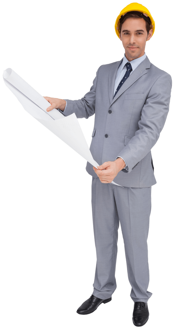 Transparent Architect Standing with Plans and Hard Hat